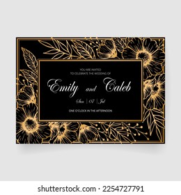 Tarjeta de invitación de boda, guardar la fecha con marco dorado, flores, hojas y ramas.
