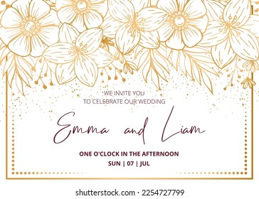 Wedding invitation card, save the date with golden frame, flowers, leaves and branches.
