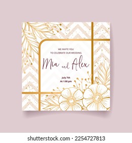 Wedding invitation card, save the date with golden frame, flowers, leaves and branches.
