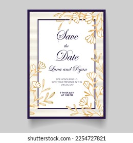 Wedding invitation card, save the date with golden frame, flowers, leaves and branches.
