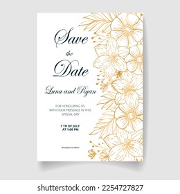 Wedding invitation card, save the date with golden frame, flowers, leaves and branches.
