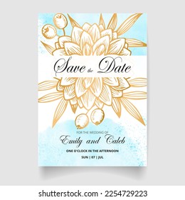 Einladungskarte Hochzeit, speichern Sie das Datum mit Aquarellhintergrund, goldenem Rahmen, Blumen, Blättern und Ästen.
