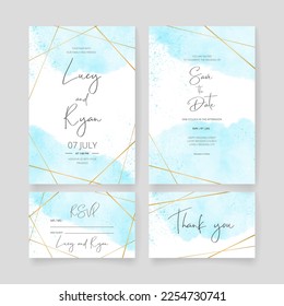 Wedding invitation card, save the date with watercolor background, golden frame, flowers, leaves and branches.
