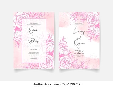 Wedding invitation card, save the date with watercolor background, golden frame, flowers, leaves and branches.
