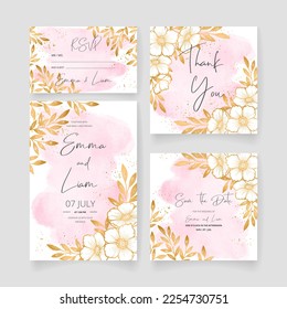 Tarjeta de invitación de boda, guardar la fecha con fondo acuarela, marco dorado, flores, hojas y ramas.
