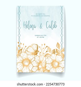 Wedding invitation card, save the date with watercolor background, golden frame, flowers, leaves and branches.
