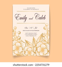 Wedding invitation card, save the date with golden frame, flowers, leaves and branches.
