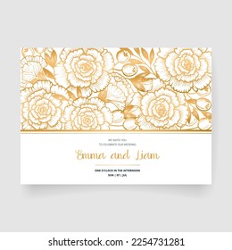 Tarjeta de invitación de boda, guardar la fecha con marco dorado, flores, hojas y ramas.
