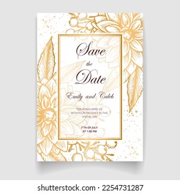 Einladungskarte Hochzeit, speichern Sie das Datum mit goldenem Rahmen, Blumen, Blättern und Ästen.
