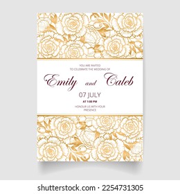 Wedding invitation card, save the date with golden frame, flowers, leaves and branches.
