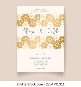 Wedding invitation card, save the date with golden frame, flowers, leaves and branches.
