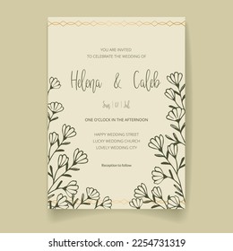 Tarjeta de invitación de boda, guardar la fecha con marco dorado, flores, hojas y ramas.
