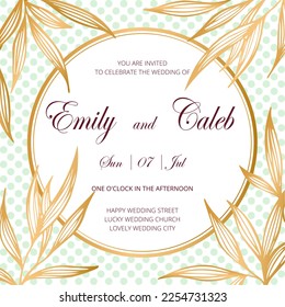 Tarjeta de invitación de boda, guardar la fecha con marco dorado, flores, hojas y ramas.
