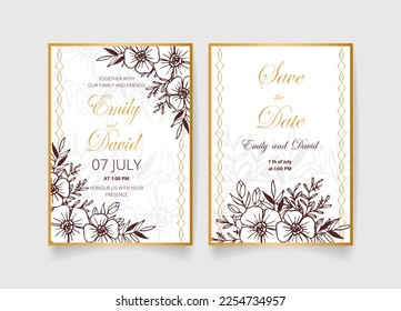 Wedding invitation card, save the date with golden frame, flowers, leaves and branches.
