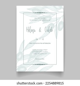 Tarjeta de invitación de boda, guardar la fecha con flores, hojas y ramas dibujadas a mano.