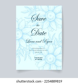 Tarjeta de invitación de boda, guardar la fecha con flores, hojas y ramas dibujadas a mano.