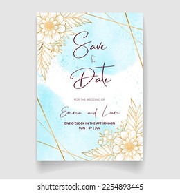Tarjeta de invitación de boda, guardar la fecha con acuarela , marco dorado, flores, hojas y ramas.
