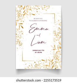 Tarjeta de invitación de boda, guardar la fecha con marco dorado, flores dibujadas a mano, hojas y ramas.
