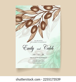 Wedding invitation card, save the date with watercolor background, hand drawn olives, leaves and branches.
