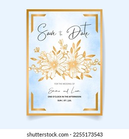 Wedding invitation card, save the date with watercolor background, golden frame, hand drawn flowers, leaves and branches.
