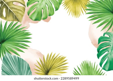 Wedding invitation card save the date design with green tropical monstera palm leaves 