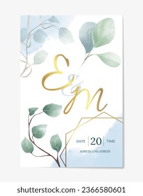 Tarjeta de invitación a la boda. Guardar plantilla de fecha con iniciales de recién casados, elementos de decoración orgánicos y marco dorado. Compromiso o invitación a la boda. Dibujo vectorial plano de dibujos animados aislado en blanco