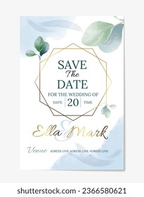 Wedding invitation card. Save date watercolor template with golden bride and groom names and organic decor. Gentle invitation with green leaves and geometric frames. Cartoon flat vector illustration