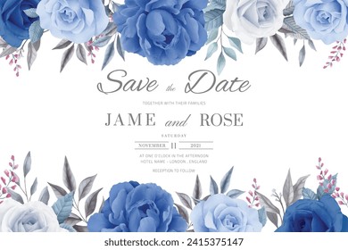Wedding invitation card. Save the date. Flowers, blue roses and blue peony.