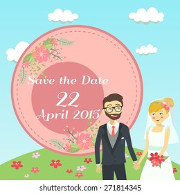 Wedding invitation card save the date with bride and groom holding hand in sunny garden background.