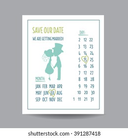 Wedding Invitation Card - Save the Date - with Kissing Couple and a Calendar- in vector