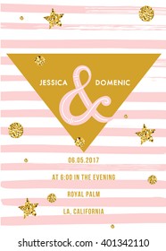 Wedding invitation Card. Save the date card.  Minimalistic geometric trendy design with brush stripes and golden confetti