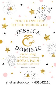Wedding invitation Card. Save the date card.  Minimalistic geometric trendy design with brush stripes and golden confetti