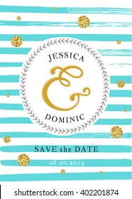 Wedding invitation Card. Save the date card.  Minimalistic geometric trendy design with brush stripes and golden confetti. Hipster background. Modern glitter. Stock vector. 