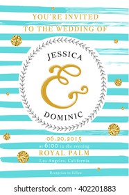Wedding invitation Card. Save the date card.  Minimalistic geometric trendy design with brush stripes and golden confetti. Hipster background. Modern glitter. Stock vector. 