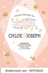 Wedding invitation Card. Save the date card. Minimalistic geometric trendy design with golden confetti