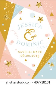 Wedding invitation Card. Save the date card. Minimalistic geometric trendy design with golden confetti