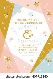 Wedding invitation Card. Save the date card. Minimalistic geometric trendy design with golden confetti