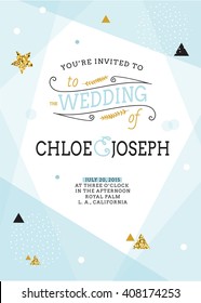 Wedding invitation Card. Save the date card. Minimalistic geometric trendy design with golden confetti