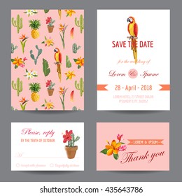 Wedding Invitation Card. Save the Date. Congratulation Set. Parrot Theme. Vector Tropical Background.