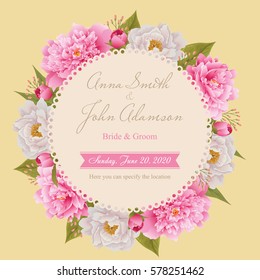 Wedding invitation card, save the date card, greeting card. Wedding card or invitation with peonies background. Flower frame. All elements are isolated and editable. EPS 10