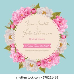 Wedding invitation card, save the date card, greeting card. Wedding card or invitation with peonies background. Flower frame. All elements are isolated and editable. EPS 10