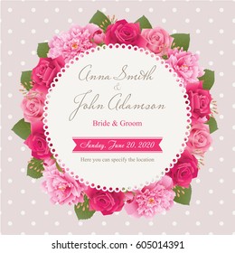 Wedding invitation card, save the date card, greeting card. Wedding card or invitation with peonies and roses background. Flower frame. All elements are isolated and editable. EPS 10
