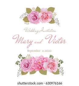 Wedding invitation card, save the date card, greeting card. Wedding card or invitation with peonies and roses background. Flower frame. All elements are isolated and editable. EPS 10