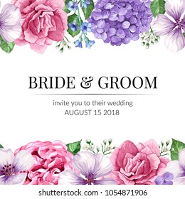 Wedding Invitation card with seamless flower border in watercolor style on white background.  Template for greeting card. Editable elements. Art vector illustration.