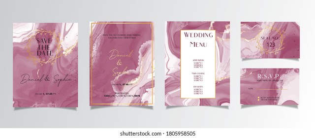 Wedding invitation card set ,abstract marble background with gold foil decoration luxury design, rsvp.