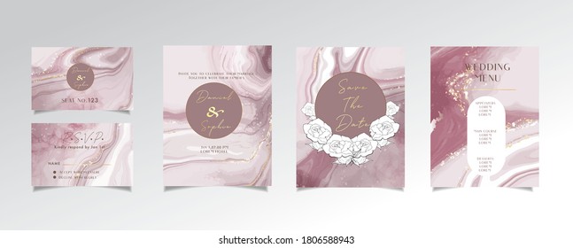 Wedding invitation card set ,abstract pink marble background with gold foil decoration minimal and luxury design, rsvp.