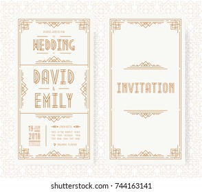 Wedding invitation card set art deco style gold color on white background with frame. Greeting card. Vector Illustration