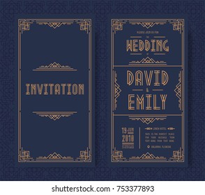 Wedding invitation card set art deco style gold color on black background with frame. Greeting card. Vector Illustration