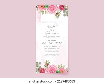 tarjeta de invitación a la boda ambientada con un hermoso diseño de flores rosadas