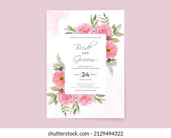 tarjeta de invitación a la boda ambientada con un hermoso diseño de flores rosadas